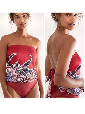 Free People Spellbound Red Floral Strapless Bodysuit Silk Scarf Top